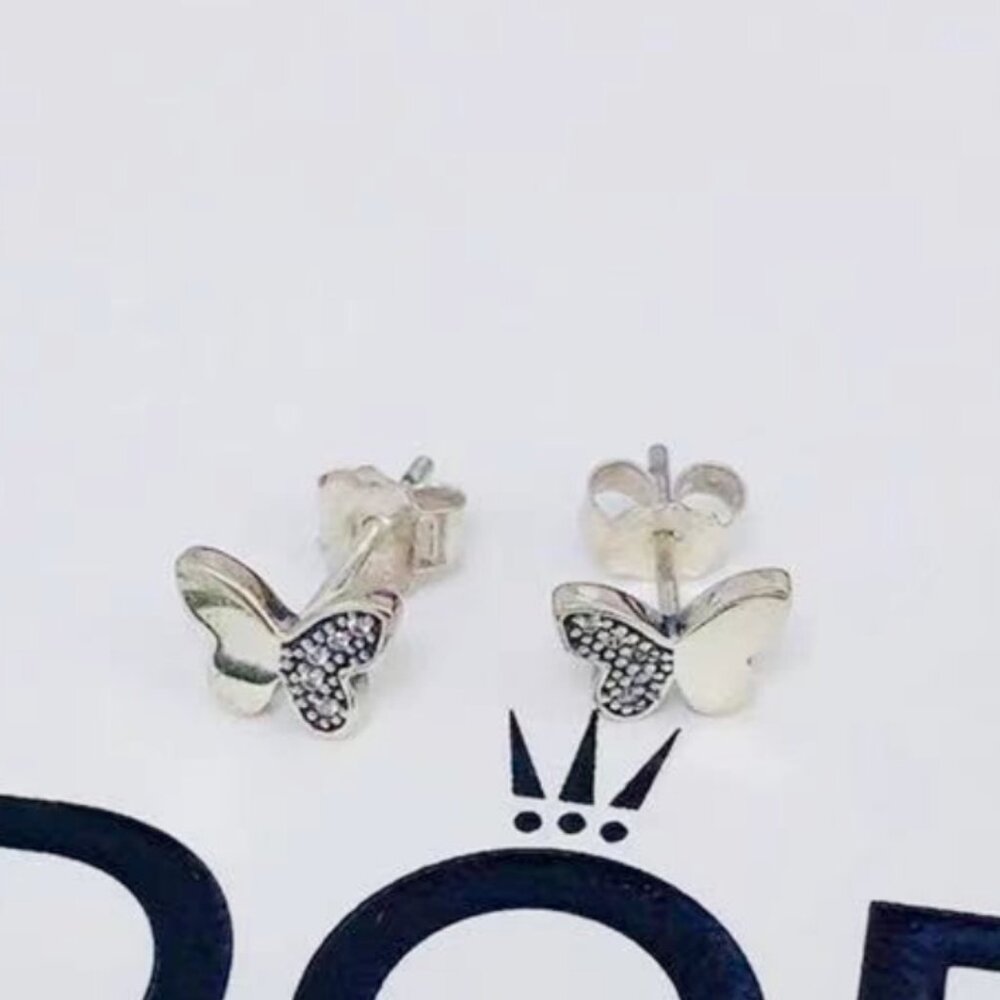 Pandora Butterfly silver stud earrings with clear cubic zirconia